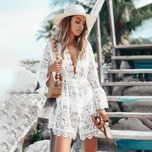 2020 mulheres maiô cover up manga praia túnica vestido robe de plage sólido branco algodão pareo praia gola alta cobrir(China)