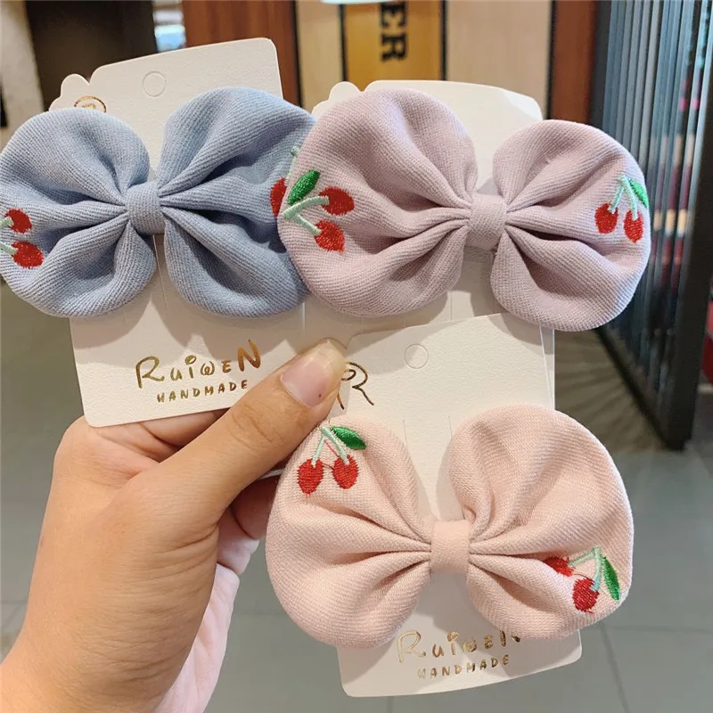 

Girls Lovely Embroidery Cherry Print Big Bow Hair Barrette Quality Handmade Hair Clip Sweet Hair Ornament Children Hair Holder
