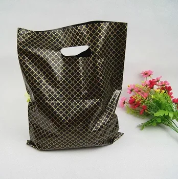 

50pcs/lot Black Lattice Large Plastic Shopping Bags Thick Boutique Gift Clothing Packaging Plastic Gift Bag With Handles