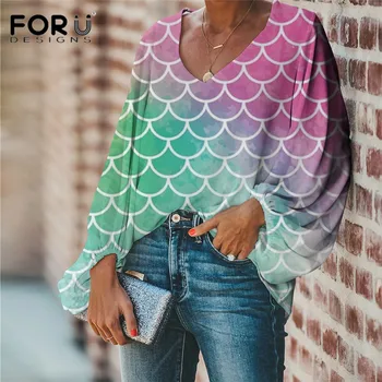 

FORUDEGINS Fashion Lady Soft Blouse Mermaid Fish Pattern 3D Print Plus Size Tops Female Clothes Vintage Shirts Customized 2020