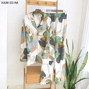 

Women Autumn Pajama Sets Cotton Sleepwear Casual V-Neck Long Sleeve Printed Buttons Loose Pajamas Set 2 Piece Homewear