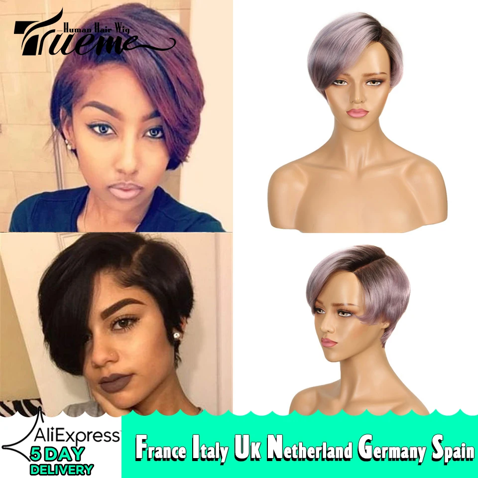Trueme Pixie Cut Bob Human Hair Wigs Ombre Blonde 613 Purple Red Human Lace Wig For Women Remy Brazilian Hair L Part Lace Wig human hair wig,human hair extensions,lace front wig,human hair wigs,front lace wig