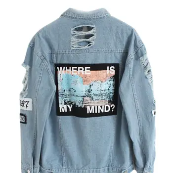 

Autumn Fashion Ladies Vintage Outwear Frayed Denim Pockets Single Breasted Appliques Coat