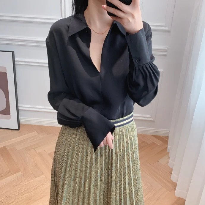 

Women Silk Blouse Solid Color Turn Down Collar Long Sleeve Button Shirt