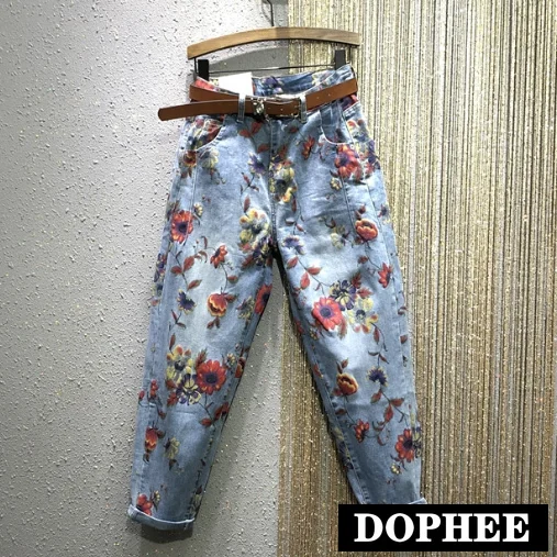 

Flower Jeans Woman 2020 Spring New High-Waist Loose Harem Pants Personality Printed Denim Trousers Female Jeans Pants Femme