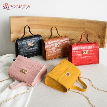 

RIEZMAN PU Fashion Women Bags 2020 Summer New Crocodile Pattern Handbag Shoulder Messenger Chain Lock Small Square Bag Wholesale