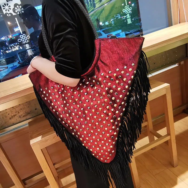

ZZXZWH Shoulder Bag Handbag for Women Triangle Tassel Rivet Leopard Print High-capacity European Style Sac a Main Femme Designer