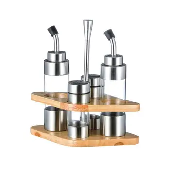 

Cooking Seasoning Oil Vinegar Bottle Dispenser Shaker Sauce Storage Kitchen Tools Stainless Steel with Rhombus Wood Base PREUP