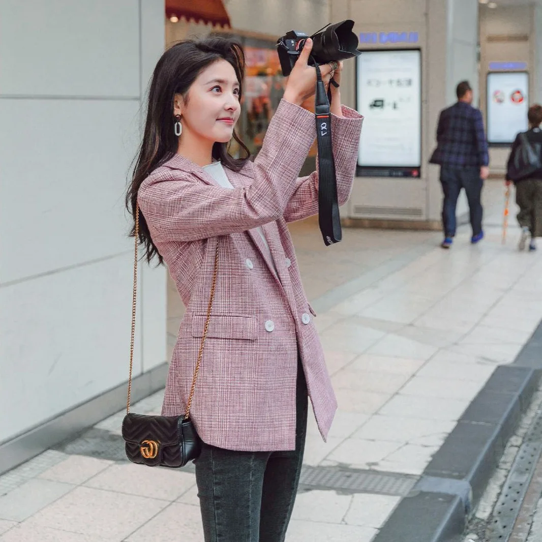 

Photo Shoot INS GIRL'S Heart Pink Western Style Retro Pattern Women's Suit Loose-Fit Elegant Fold-down Collar Suit Jacket Autumn