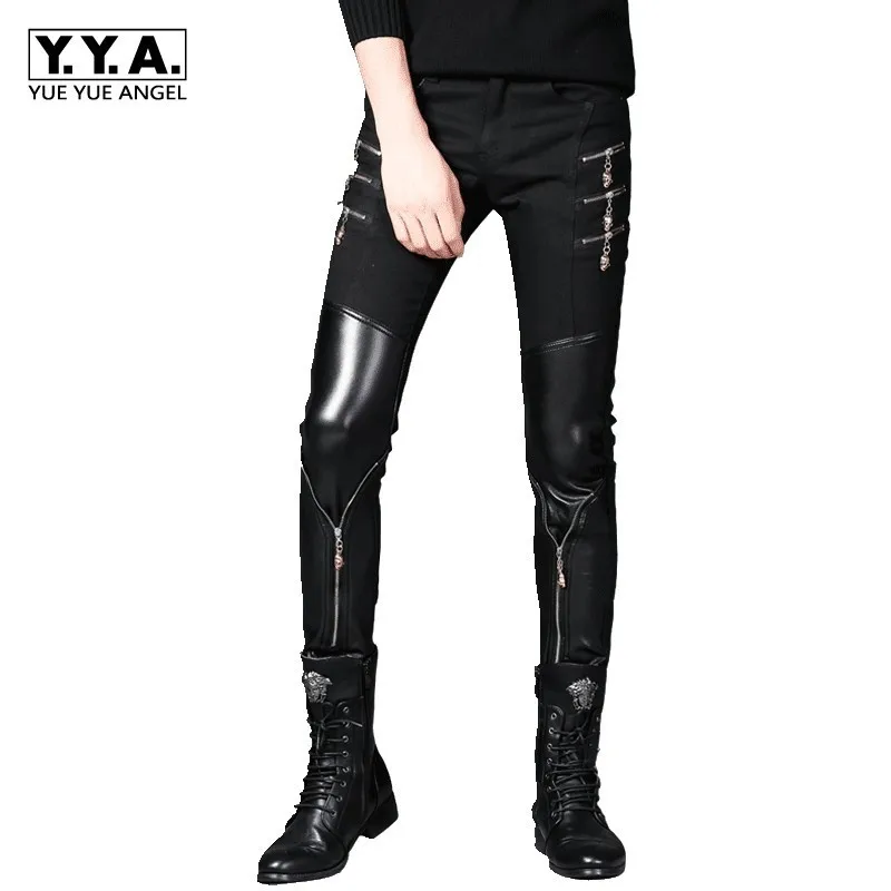 

Spring Korean Style Mens Black Leather Pants Faux PU Leather Motorcycle Skinny Personalized Zipper ROCK Hombre Pencil Pants
