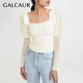 

GALCAUR Korean Lace Up Bowknot Woman's T-shirt Square Collar Puff Sleeve Ruched Large Size Casual Shirt Female Fashion New 2020