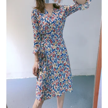 

Women Wrap Dress summer Floral Tea Dress Vintage Romantic Print One-piece with belt