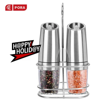 

Electric Pepper Mill 2Pcs Salt and Pepper Grinder Set with Metal Holder Kitchen Tools Stainless Steel Automatic Grinding Mill
