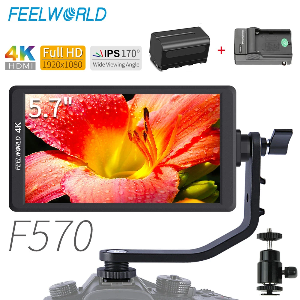 

Feelworld F570 5.7" IPS Full HD 1920x1080 4K HDMI On-camera Field Monitor with NP750 Battery + Charger for Canon Nikon Sony DSLR