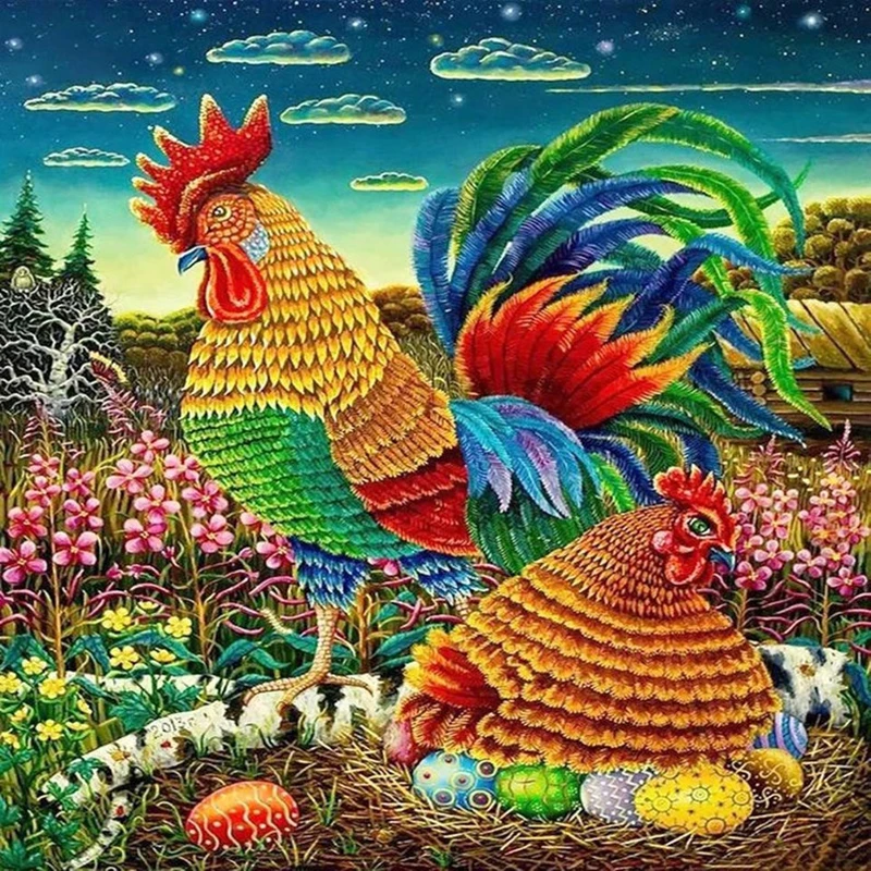 Алмазная мозаика сделай сам Петух и курица рукоделие полноразмерная алмазная