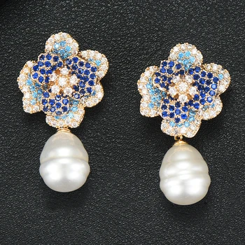 

GODKI Famous Brand 2020 Flower Charms Women Earrings Trendy AAA Cubic Zircon Imitation Pearl Earring For Women Accessories