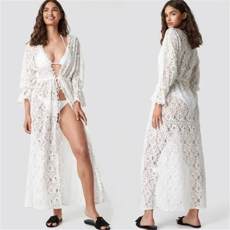 

Lace Tunics for Beach Long Lace Beach Dress Women Bikini Cover Up Saida De Praia Robe De Plage Kaftan Beach Cover Up