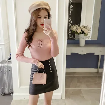 

Wome Fashiion Long Sleeve Slim Sweater Ladies Cotton Pullovers Lace Up Jumpers Knitted Tops