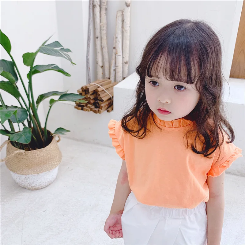 Летние однотонные кружевные футболки без рукавов для девочек, повседневные топы из чистого хлопка для детей 1-5 лет