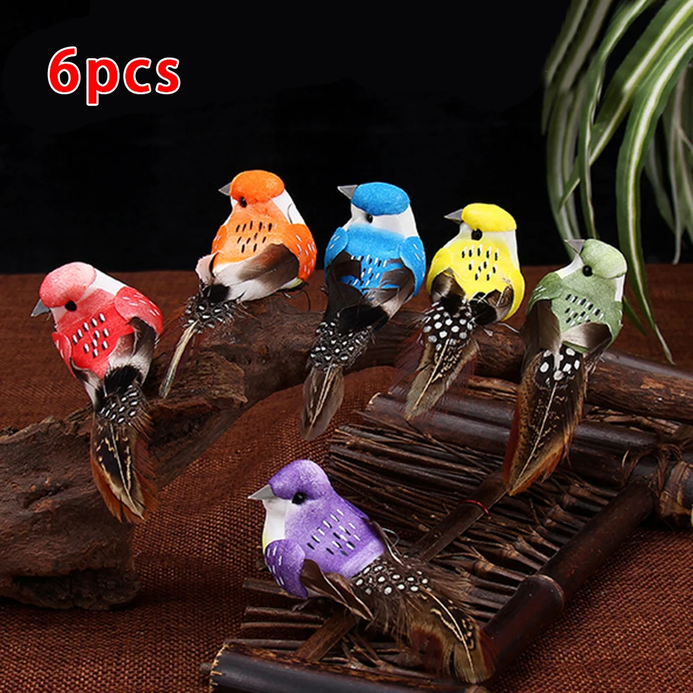 6Pcs Artificial Birds Animal Simulation Fake Feather Birds Models Garden Decoration Ornament Xmas Tree Decor