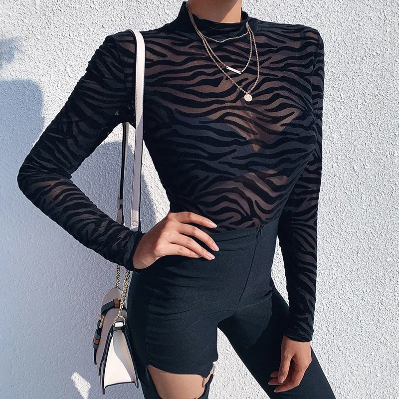Black Mesh Transparent Sexy Bodysuit Long Sleeve Slim Skinny Stripe Mock Neck Casual Rompers Women Lady Party Club Body 5