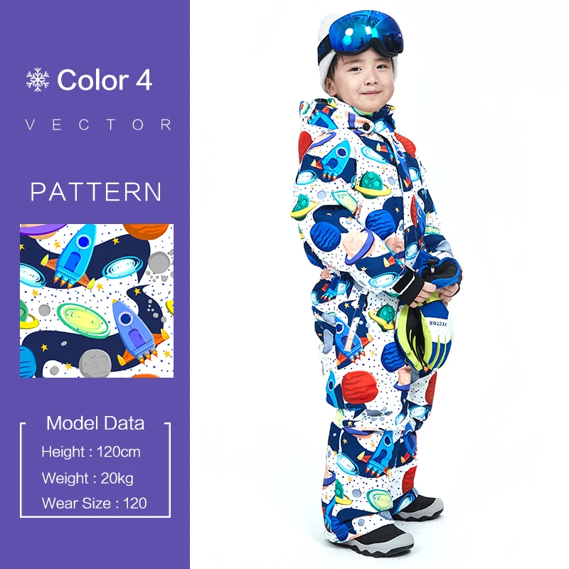 Color 4 Векторный теплый детский лыжный костюм с капюшоном, комбинезон для сноуборда, синтетическая зимняя уличная водонепроницаемая ветрозащитная лыжная одежда для мальчиков и девочек - Цвет: Color 4