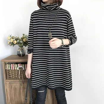 

Long Sweater Woman Loose Lazy Striped Long Sleeved Autumn and Winter New Pullover Turtleneck
