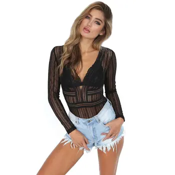 

2020 Spring New Sexy Lace Bodysuit Pants Tops Women Female Polyester Long Sleeve V-Neck Spring Fashion Lightly Cooked Jumpsuit