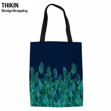 THIKIN зеленые акварельные листья на темно-синей кайме женские дорожные складные сумки через плечо для покупок холщовые сумки ручной работы сумки для покупок