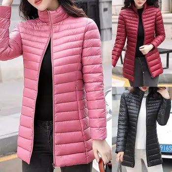 

Women Autumn Winter Down Coats Stand Collar Zipper Pocket Warm Cotton Coat Long Down Jacket Feather Down Coat Thin Light Jackets