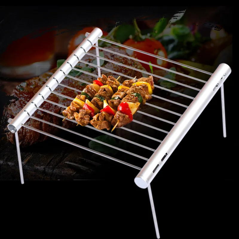 Baratos Parrilla de barbacoa de acero inoxidable portátil, parrilla de barbacoa plegable, Mini Parrilla de barbacoa de bolsillo, accesorios de barbacoa para uso en el parque doméstico