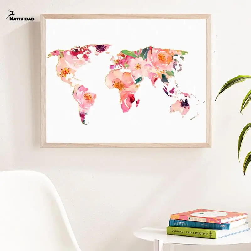 

Watercolor Floral World Map Canvas Painting Girls Room Chic Wall Art Poster and Prints World Map Art Picture for Home Decor