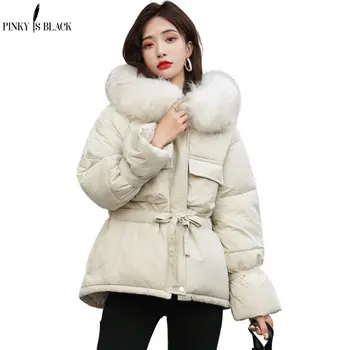 

PinkyIsBlack Fur Hooded Jackets Parka Winter Jacket Women Short Style 2020 New Korean Tie Up Warm Thick Slim Winter Coat Female