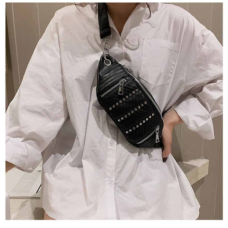 Waist Bag Women Leather Pink White Fanny Pack Female Belt Bag Rivet Chest Phone Pouch Fashion Shoulder Bag Black Waist Packs