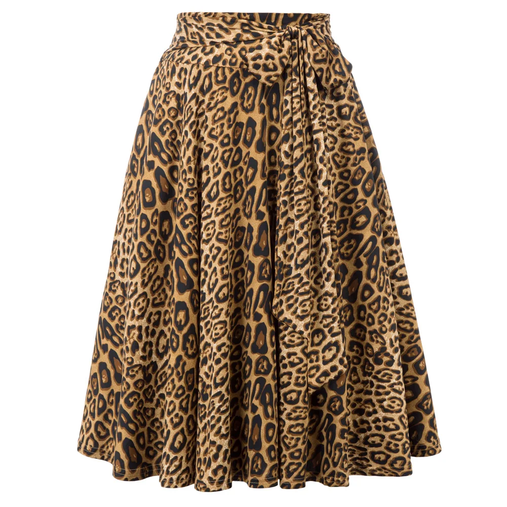 

Vintage Women Leopard Skirt With Pockets Belt Decorated Flared A-Line knee-length swing elegant skirt lolita skater skirts lady