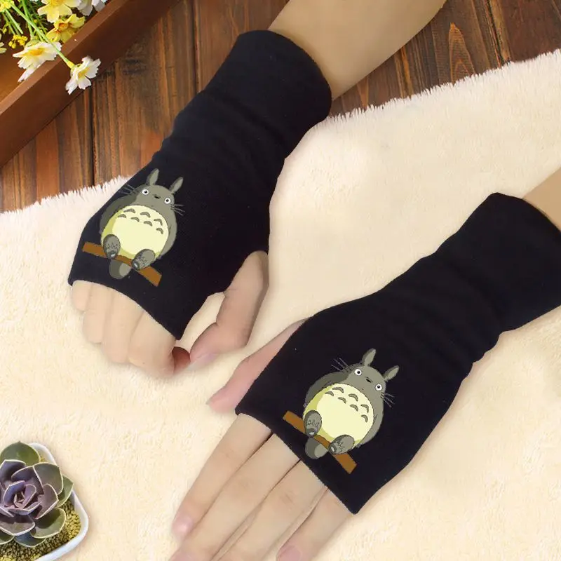 Anime Cartoon Knitted Half Finger Gloves One Piece Naruto Totoro My Hero Academia Boys Girls Winter Warm Cosplay Mittens Gifts