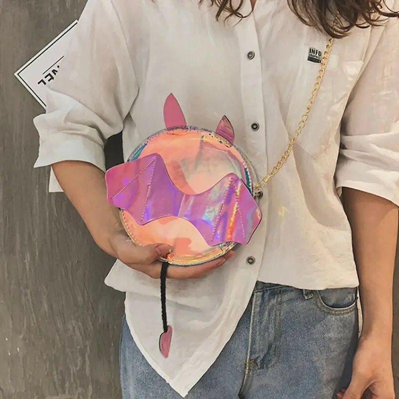 

Women Girl Sequin Bat Shoulder Bags Cartoon Transparent Round Crossbody Bag Bolso femenino Laser leather Messenger Coin Purses