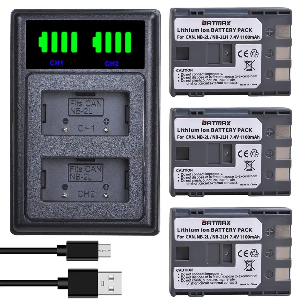 Batmax Nb-2L Nb-2Lh Nb2L Battery + New Led Usb Doppia Porta Caricatore Per Canon Rebel Xt Xti 350D 400D G9 G7 S80 S70S30 L10