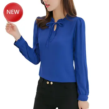 

Spring Ladies Blue Shirt Long Sleeve Stand Collar Bowknot Shirt Elegant Ladies Chiffon Top Fashion Korean Fashion Clothing