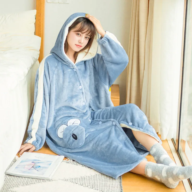 Plush Nightgown Women Autumn and Winter Thickening Pajamas Hooded Long Plus Size Home Casual Clothes Cute Cartoon Flowers