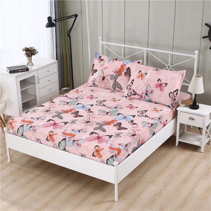 3pcs 100% Polyester Fitted Sheet Set Mattress Cover Pillowcases Four Corners With Elastic Band Bed Sheet