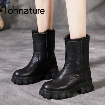

Johnature Women Shoes Platform Boots Genuine Leather Round Toe Flat With 2019 New Winter Slip-on Leisure HandmadeAnkle Boots