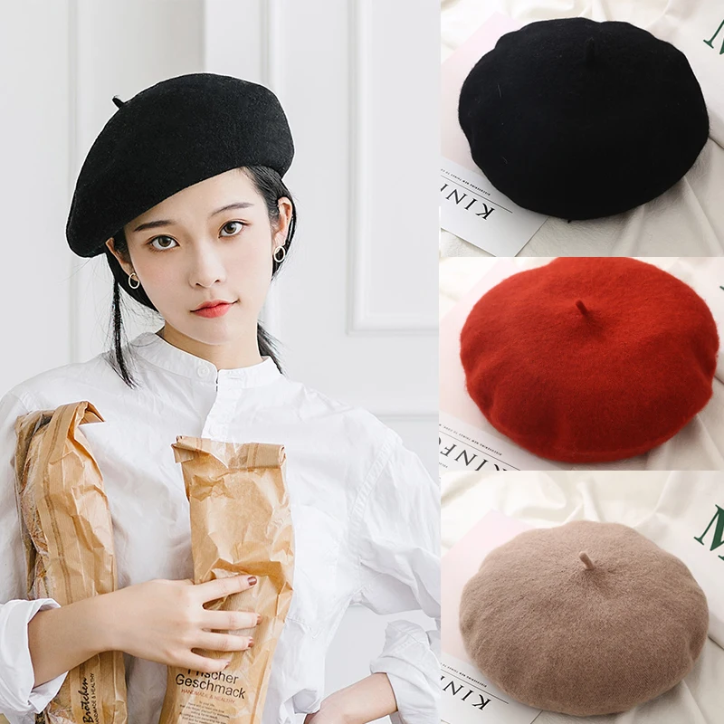 New Women Winter Hat Beret Female Wool Cotton Blend Cap 23 Color New