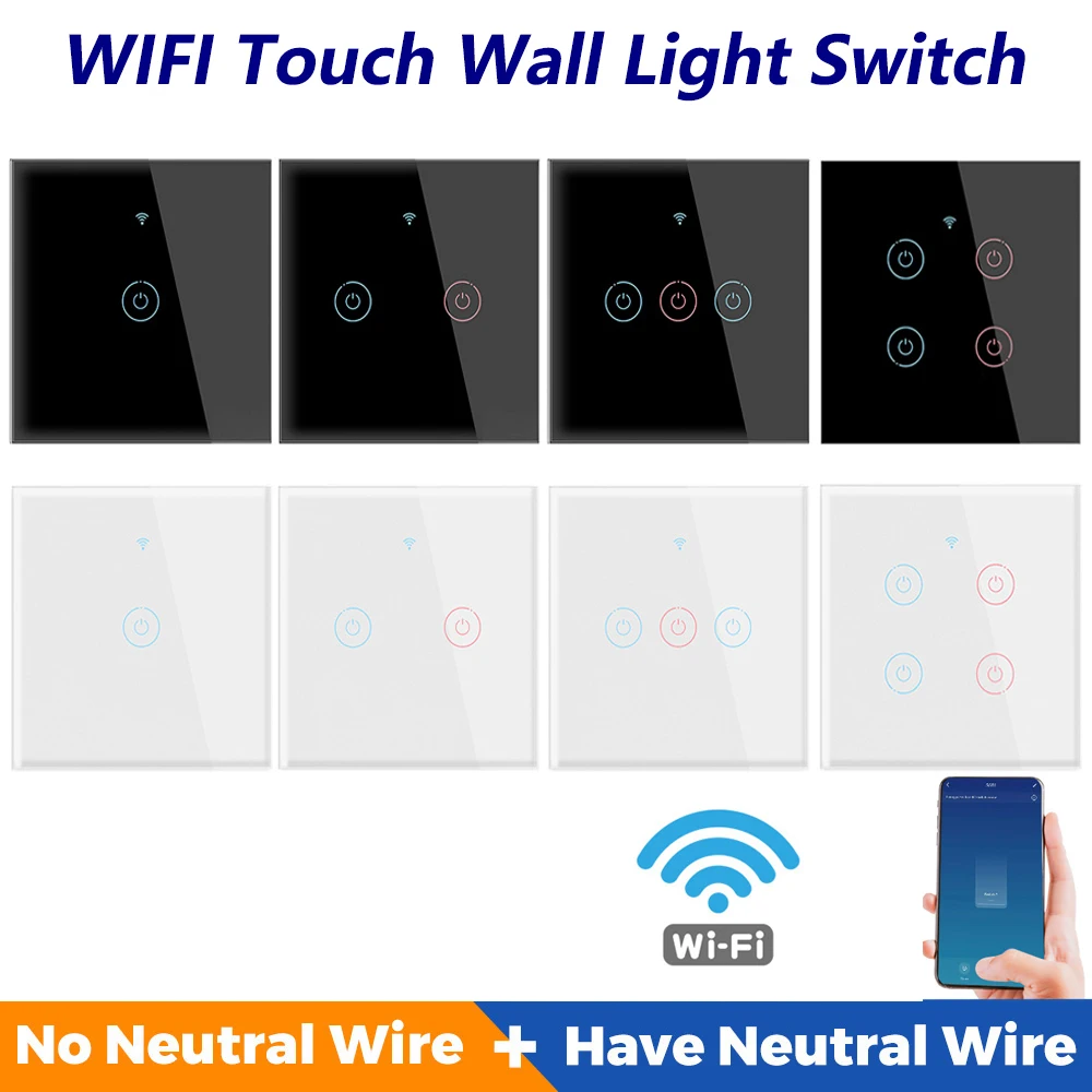 

Wifi Smart Wall Touch Light Switch No Neutral Wire Required Voice Control 1/2/3/4 Gang Tuya EU Glass Google Home Alexa