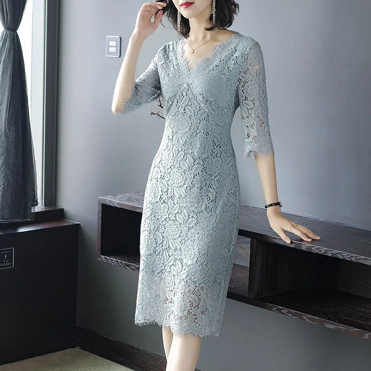 

Lace Dress 2019 Spring And Summer New Style Elegant Cloudy Blue Slim Fit Ladies' Medium-length Skirt