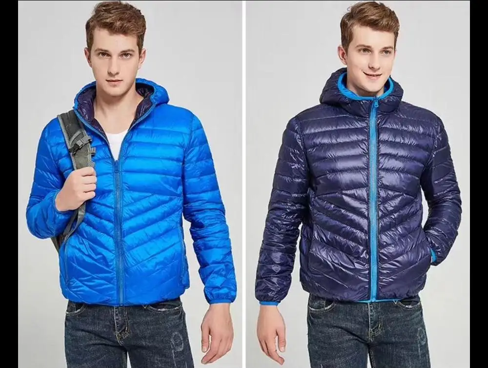 blue and navy NewBang мужской пуховик с капюшоном ультра легкий пуховик Мужская осенне-зимняя Двусторонняя парка с двумя боковыми перьями - Цвет: blue and navy