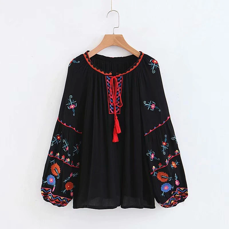 Винтажная шикарная Женская богемная Цветочная вышивка, Пляжная блузка-кимоно с длинным рукавом, свободные рубашки в стиле бохо - Цвет: black
