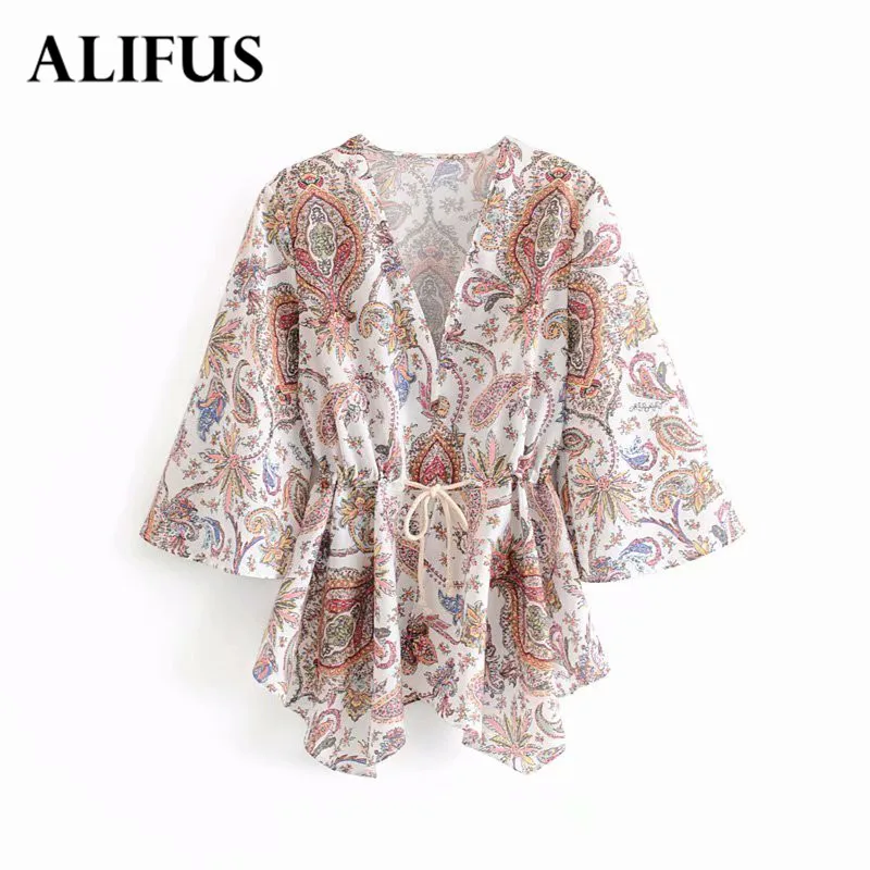 

Fashion Za Autumn boho Floral Print Blouse Deep V Neck Elastic Waist Three Quarter Sleeve Female Blouse Casual midi Tops Biusas