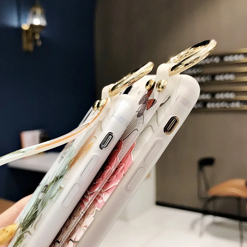 SoCouple Stand Holder Case For iphone X Xs max XR Case For iphone 6 6s 7 8 plus Flower Soft TPU Wrist Strap Phone Case Cover (7)