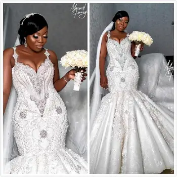 

Luxury African Mermaid Wedding Dresses Plus Size 2020 robe de mariee Beaded Crystal Lace Wedding Gowns Custom Made Bridal Dress